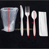 50 PACK - 9 oz. Plastic Translucent Individually Wrapped Cups and Individually Wrapped Heavy Weight White Plastic Cutlery Pack with Napkin Disposable Utensils Sets