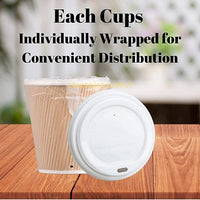 50 PACK 10 oz. Kraft Ripple Individually Wrapped Paper Hot Cup with Lids For Cafe, Hotel Motel Room, takeout box