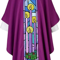 Religious Stained Glass and Royal Purple Advent Chasuble with Matching Inner Stole, 51 Inch