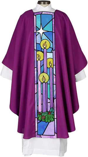 Religious Stained Glass and Royal Purple Advent Chasuble with Matching Inner Stole, 51 Inch