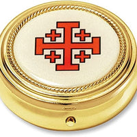 Red Epoxy with Gold Tone Finish Jerusalem Cross Pyx for Communion Hosts, 2 1/4 Inch