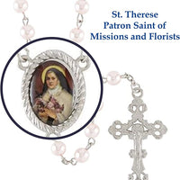 Pink Fake Pearl Saint Therese Flower of Jesus Rosary with Pouch, Confirmation Gifts for Teenage Girl