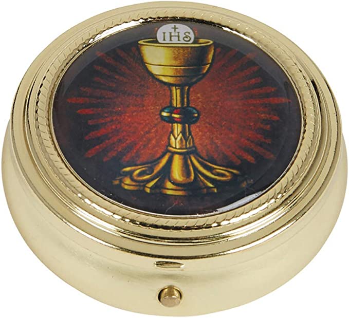 Gold Tone IHS Chalice and Host Communion PYX with Epoxy Lid, 2 1/4 Inch