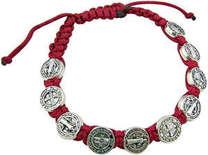 Saint St Benedict Medal on Adjustable Red Cord Bracelet, 8 Inch