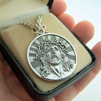 Silver Toned Base Thorn Crown ECCE Homo Sorrowful Jesus Christ Head Medal, 1 1/8 Inch