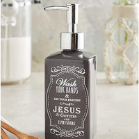 Black Ceramic Wash Your Hands & Say Your Prayers Cause Jesus & Germs are Everywhere Reusable Liquid Hand Soap Dispenser, 7 1/4 Inch