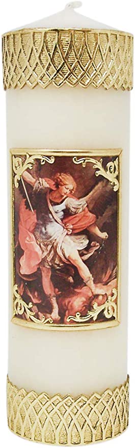 CB Church Supply Candle - Will and Baumer - Hand-Decorated Family Prayer Paraffin Devotional Candle with Decal, 8-Inch, St Michael