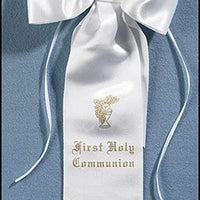 Religious Gifts Catholic First Holy Communion 10 Inch White Satin Church Ceremony Arm Bow with Gold Chalice