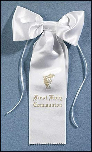 Religious Gifts Catholic First Holy Communion 10 Inch White Satin Church Ceremony Arm Bow with Gold Chalice