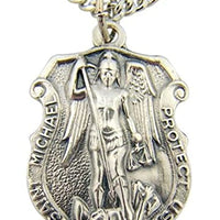 Silver Toned Base Police Patron Saint Michael Shield Shaped Medal, 1 1/4 Inch