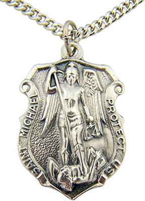 Silver Toned Base Police Patron Saint Michael Shield Shaped Medal, 1 1/4 Inch