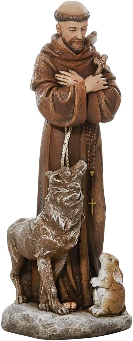 Painted Stone Resin Saint Francis with Animals Sculpture, 8 Inches