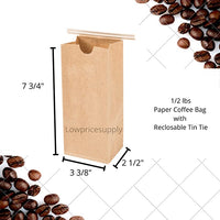 Pack of 100, Solid 1/2 Lb Kraft Tin Tie Coffee Bags with Reclosable Tin Tie For Food Packaging 7 3/4"x3 3/8"x2 1/2"