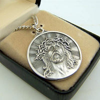 Silver Toned Base Thorn Crown ECCE Homo Sorrowful Jesus Christ Head Medal, 1 1/8 Inch