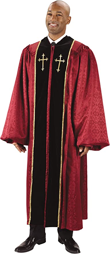 Burgundy Jacquard Pulpit Robe with Embroidered Gold Crosses (57 Large 5'10" - 5'11" Height. 57" Back Length. 34" Sleeve Length)