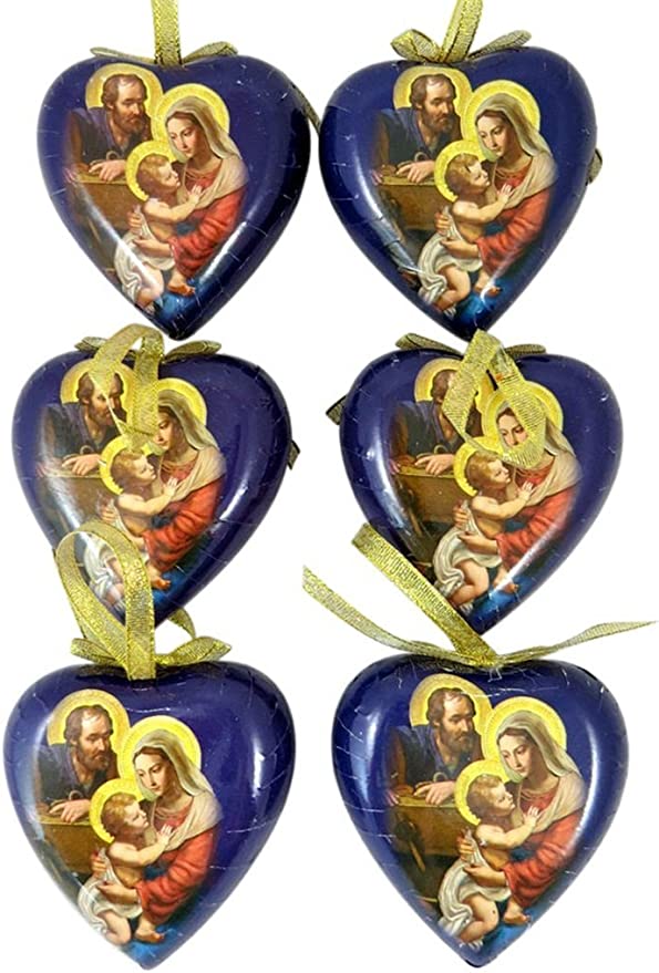 Adoring Holy Family Heart Shape Decoupage Nativity Christmas Ornament, Set of 6, 3 1/2 Inch