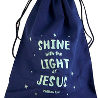 Shine With the Light of Jesus Glow-in-the-Dark Blue Drawstring Bag, 10 Inch x 15 Inch