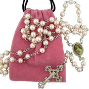 Pink Fake Pearl Saint Therese Flower of Jesus Rosary with Pouch, Confirmation Gifts for Teenage Girl