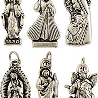 Religious Silver Toned Base Assorted Devotional Charm Pendant Medal, 7/8 Inch, Set of 6