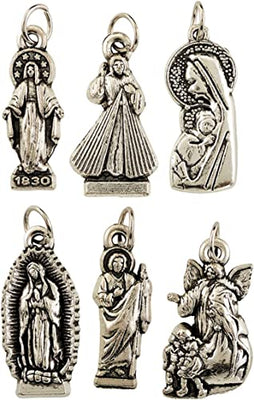 Religious Silver Toned Base Assorted Devotional Charm Pendant Medal, 7/8 Inch, Set of 6