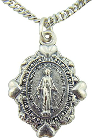 Silver Toned Base Heart Accent Border Virgin Mother Mary Medal, 7/8 Inch