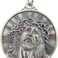 Silver Toned Base Thorn Crown ECCE Homo Sorrowful Jesus Christ Head Medal, 1 1/8 Inch