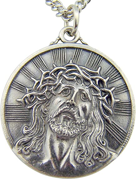 Silver Toned Base Thorn Crown ECCE Homo Sorrowful Jesus Christ Head Medal, 1 1/8 Inch