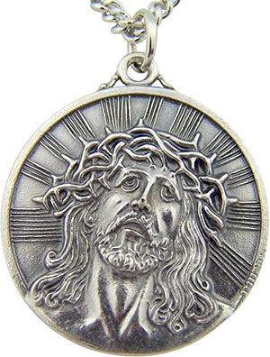 Silver Toned Base Thorn Crown ECCE Homo Sorrowful Jesus Christ Head Medal, 1 1/8 Inch